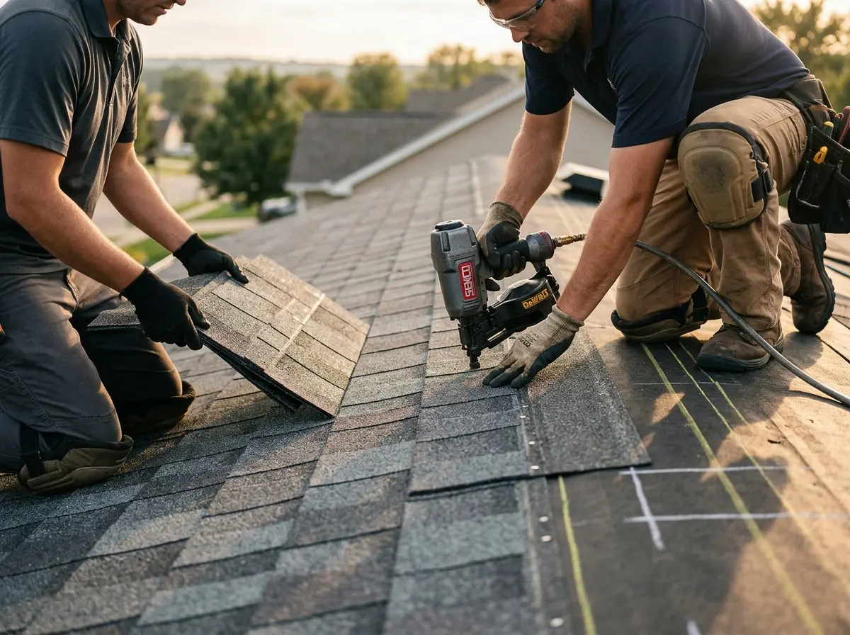 Professional roofer working on a residential roof in Aledo